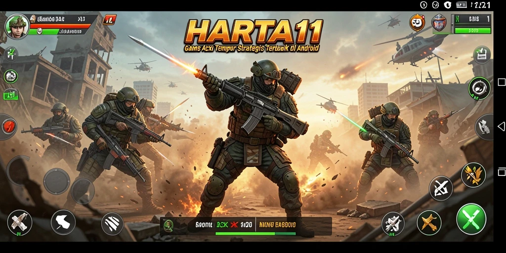 Screenshot gameplay HARTA11 menunjukkan aksi tempur yang intens di medan perang.