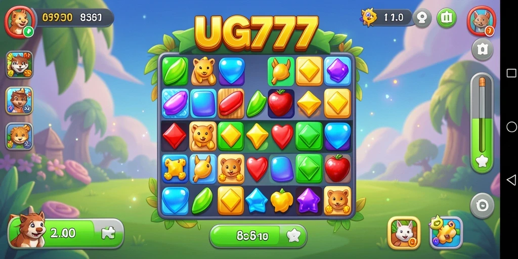 Screenshot utama UG777 menampilkan gameplay Match-3 yang seru.